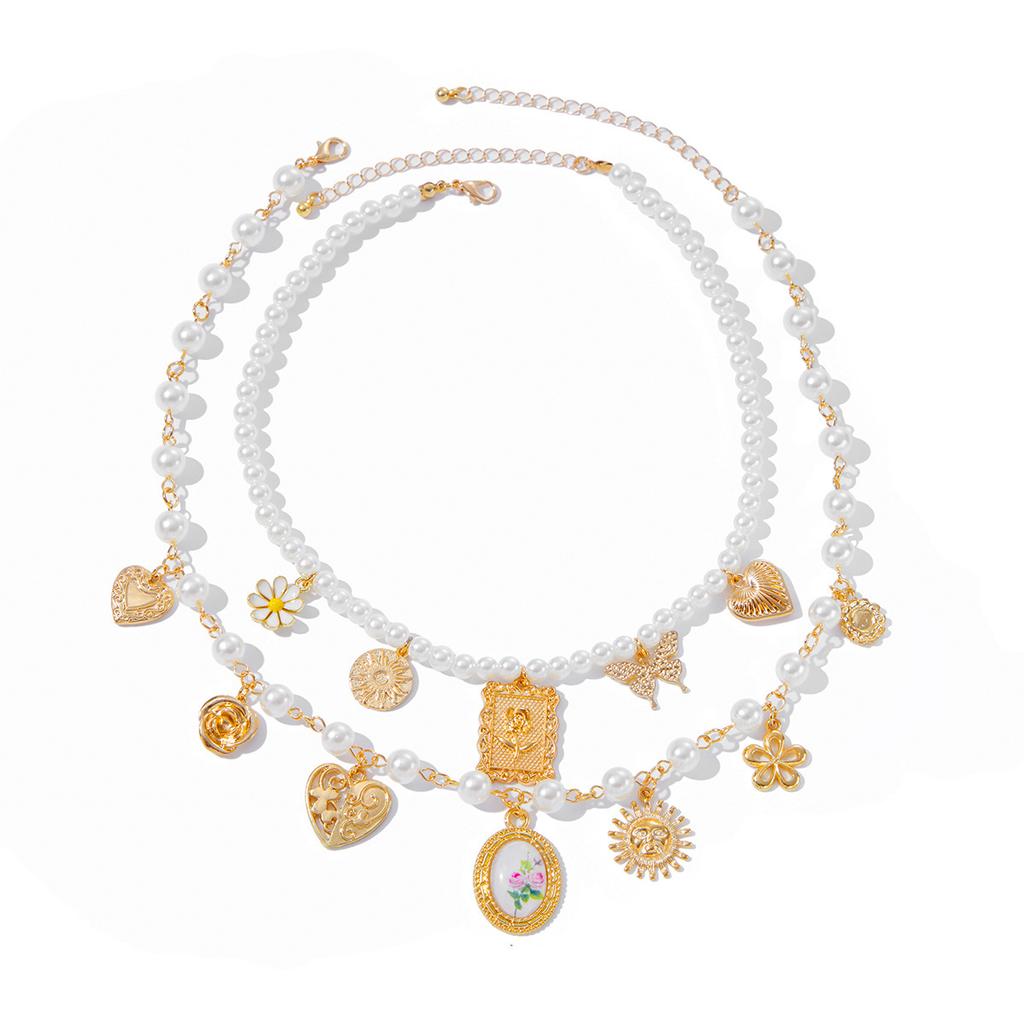 Wind Retro Baroque Imitation Pearl Flower Necklace, Butterfly Love Sunflower Pendant Collarbone Necklace