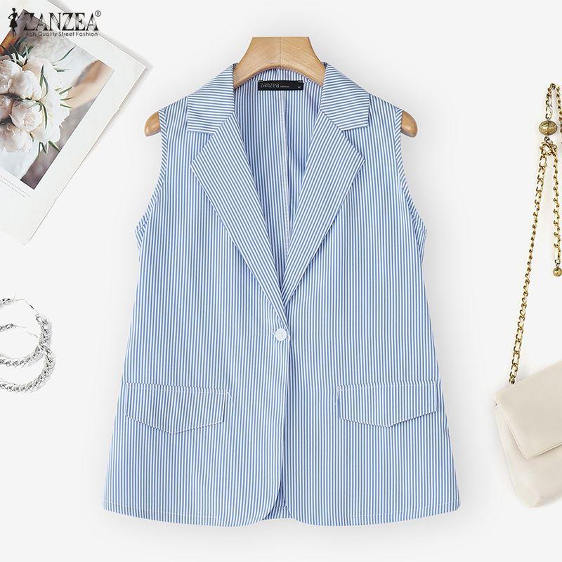ZANZEA Women Casual Turn Down Collar Sleeveless Stripe Cardigan Vest