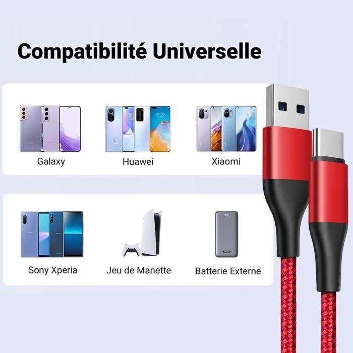 Lot de 3 Câble USB-C Rapide pour Xiaomi Redmi 13C 14C, Redmi Note 13 14, Note 13 Pro Plus 5G - 1M Rouge Nylon Tressé