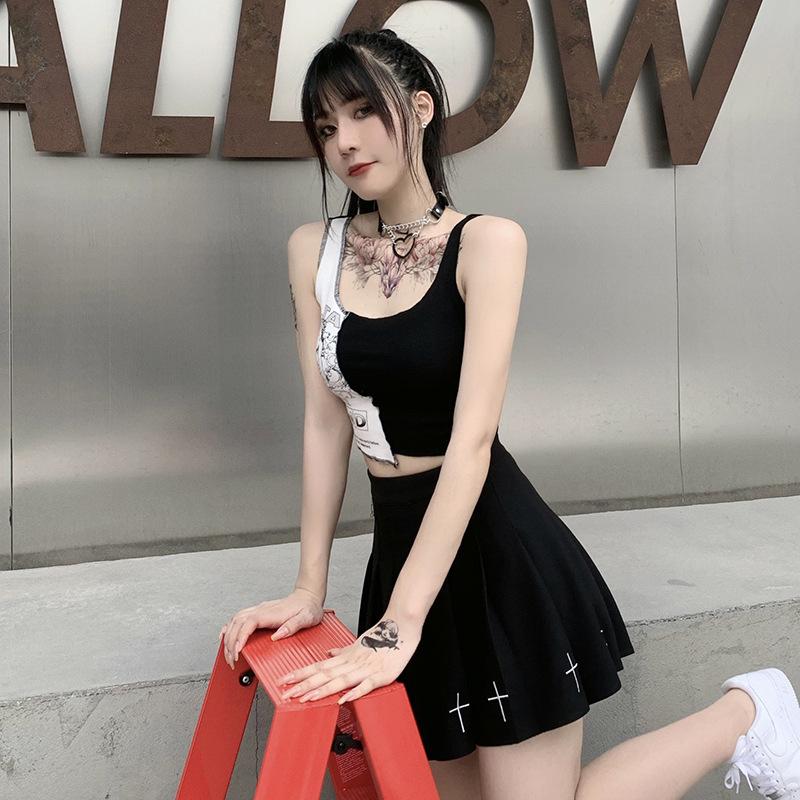 Punk Style Patchwork Tank Tops Aesthetic Letter and Graphic Print Women Color Blocking Sleeveless Top