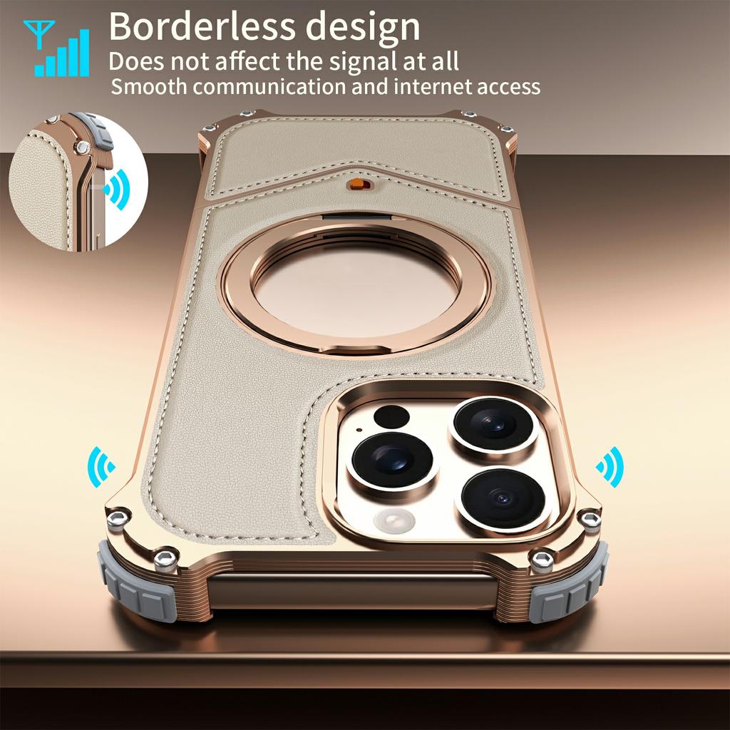 For iPhone 16 Pro Case PU Covered Metal Boardless Phone Back Cover with Kickstand