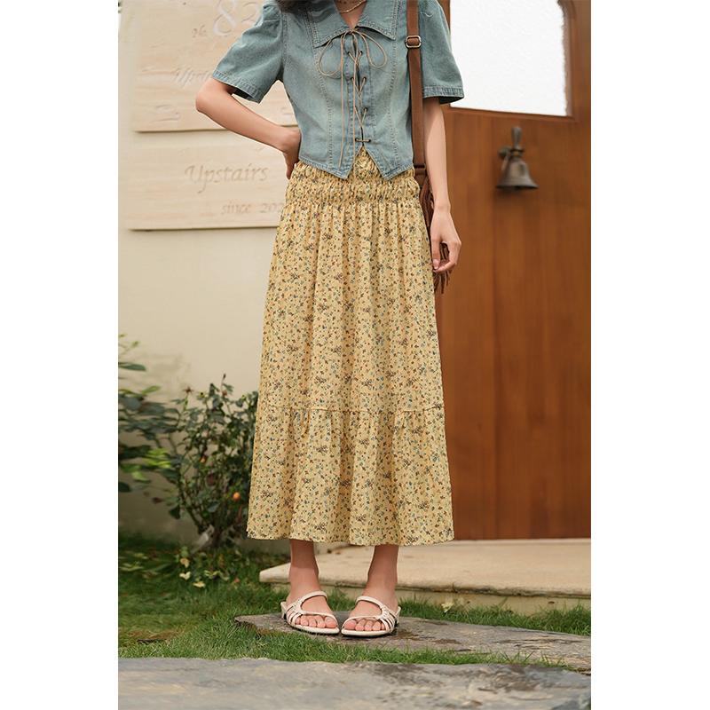 

Mishow желтая юбка с цветочным принтом для женщин, летняя свободная юбка миди в Корейском стиле с эластичной резинкой на талии, плиссированная юбка-миди, женская одежда MXC33B0050 L