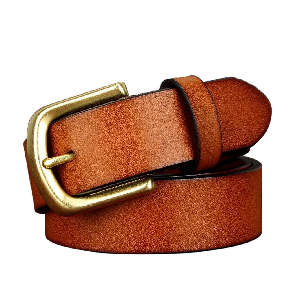 Men's Genuine Leather Belt with Solid Brass Buckle - European Retro Style, Durable Cowhide Waistband