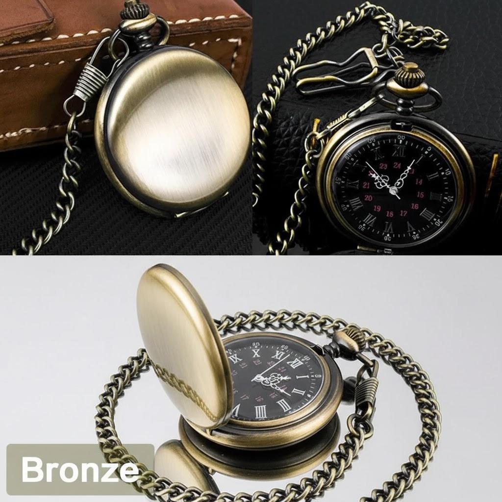 

Vintage Antique Style Pocket Watch Roman Arabic Numerals 37cm Chain Steel Case Quartz Movement бронзовий