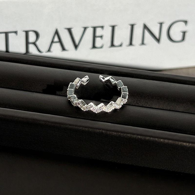 2026 Korean Version of Temperament Wave Row Diamond Fashion Simple Opening Ring Women Ins Cold Wind Niche Stack Wearing Girlfriend Ring Resizable