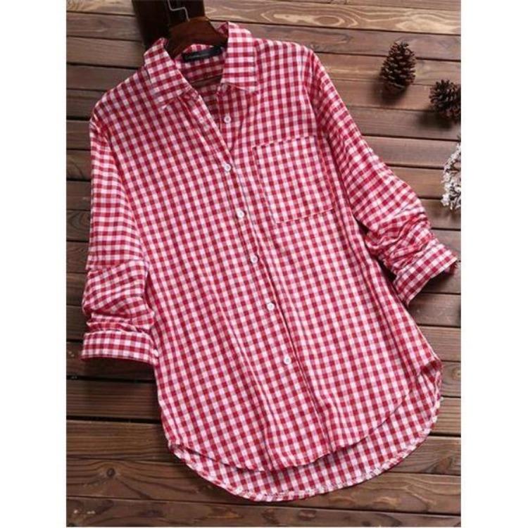 Retro Plaid Collar Long Sleeved Shirt for Women 100 Pure Cotton