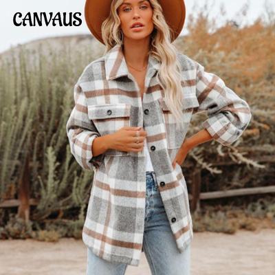 Autumn and Winter Women's Shirt Jacket Plaid Button Flannel Tweed Shirt Jacket Tops