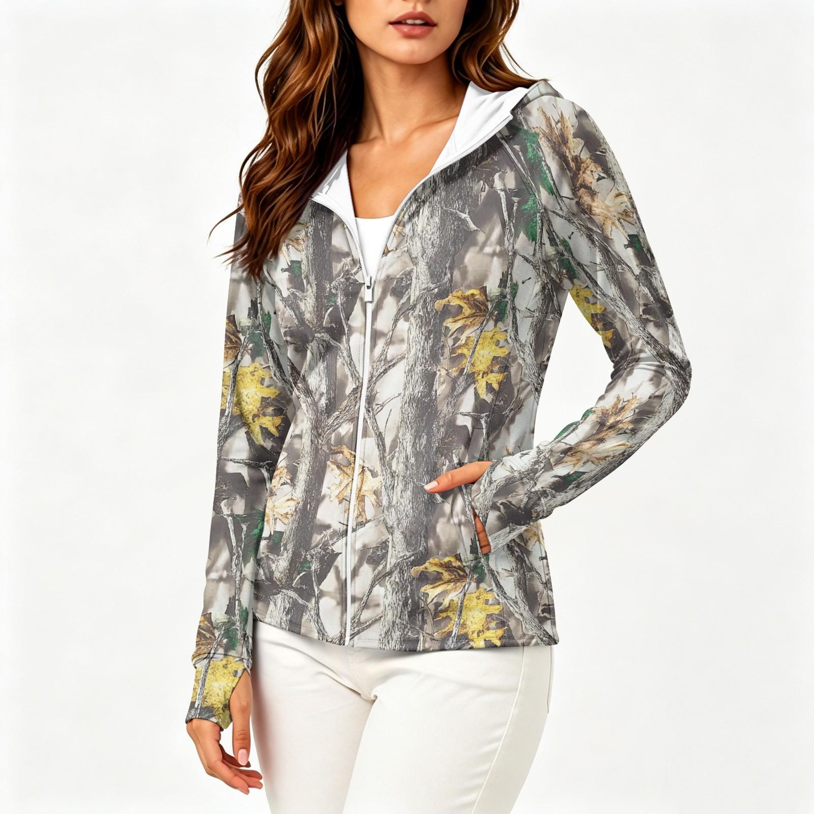 

Women s Lightweight Zip-Up Hooded Jacket with Long Sleeves Pockets and Camouflage Print Sun Protection Outerwear XL