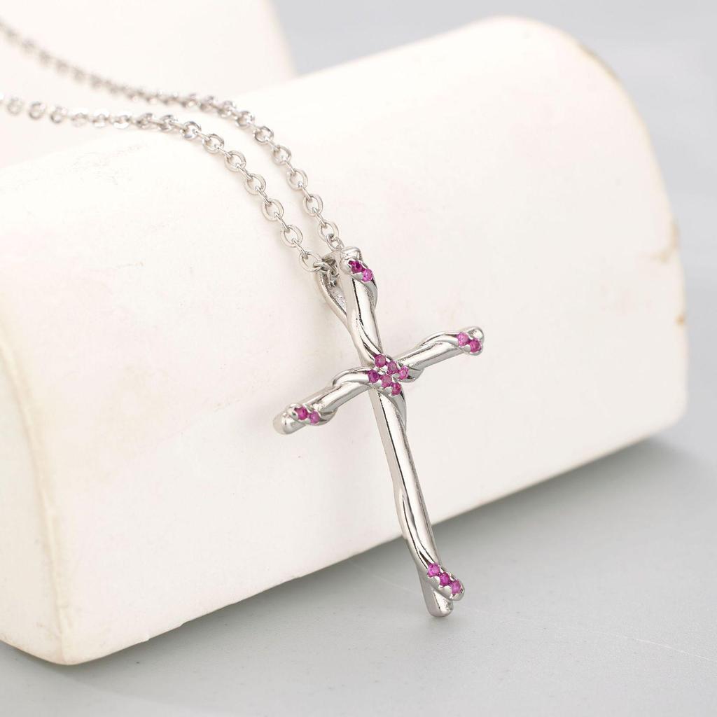 Red Corundum Cross Pendant Necklace in White Gold Plating - Christmas Gift