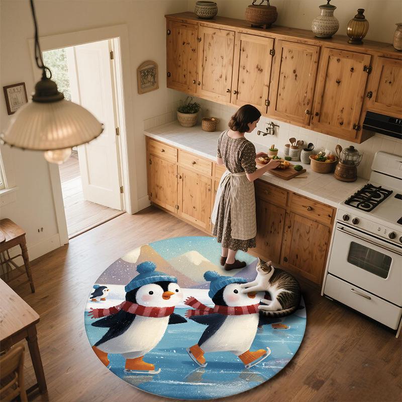Snowy Day Penguin,Round Area Rug,Carpet Rug for Living Room Bedroom Sofa Playroom Decor,Non-slip Floor Mat