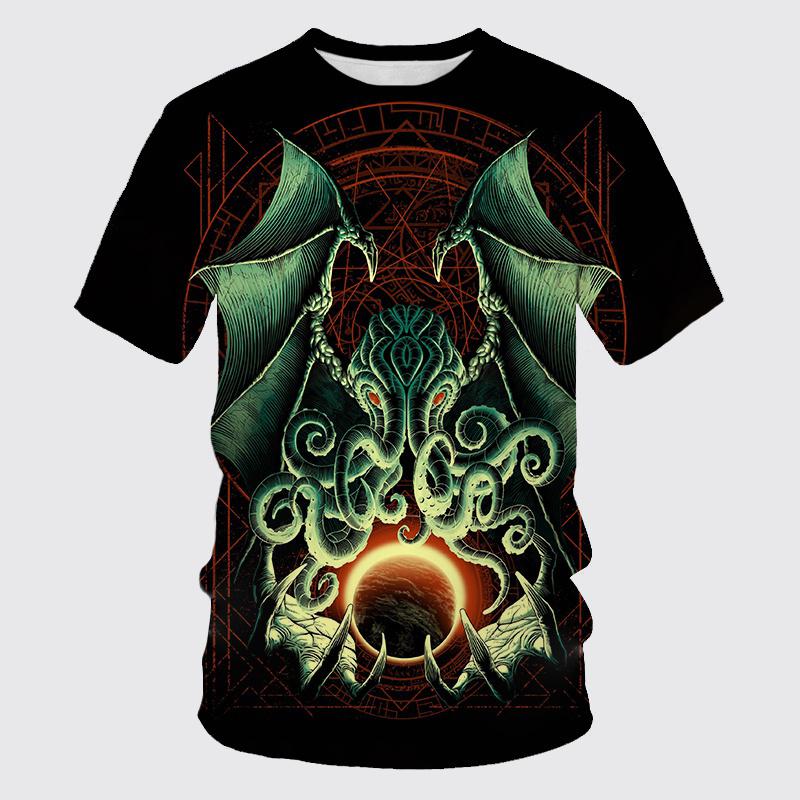 Horror Cthulhu 3D Print T-shirt For Men Clothes Summer Loose Short-sleeves Cool Streetwear T Shirt Casual Round Neck Tees Tops