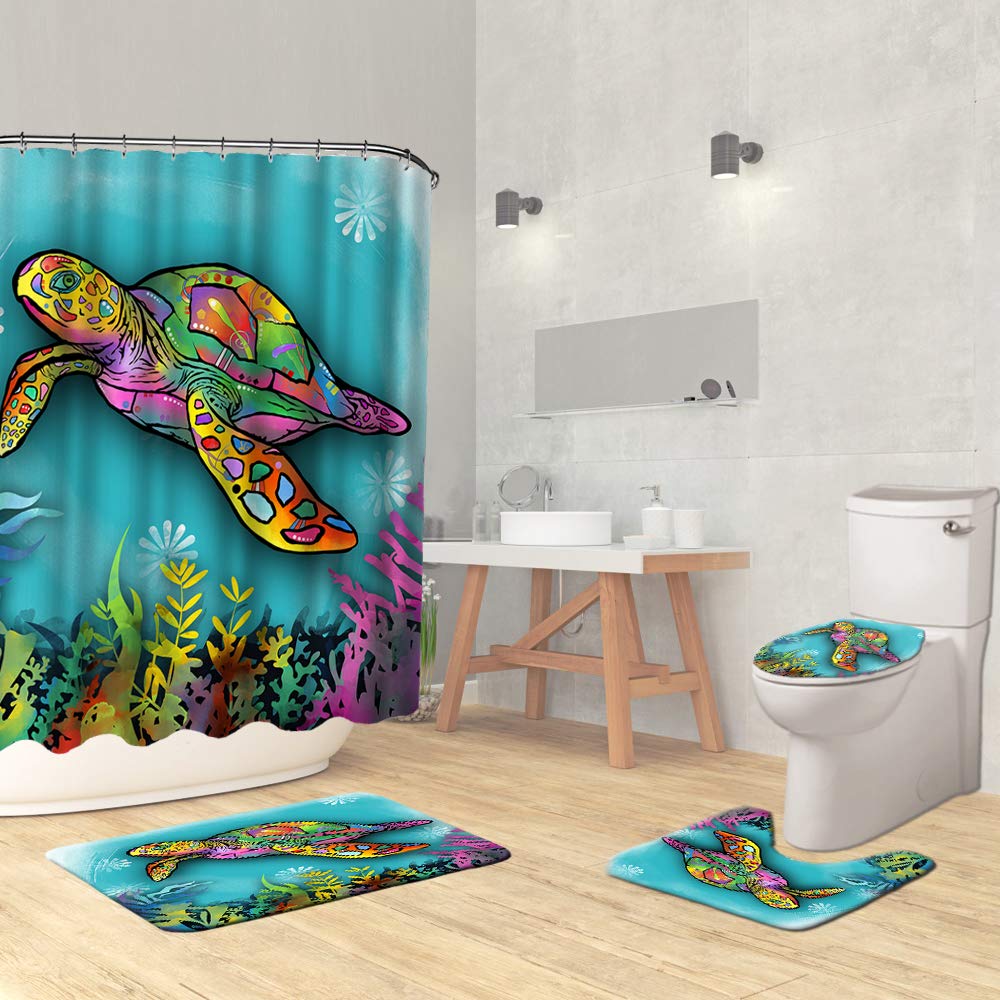 Sea Turtle Shower Curtain Set Non-Slip Rugs Toilet Lid Cover Bath Mat Nautical Ocean Bathroom Curtains Set Durable Waterproof