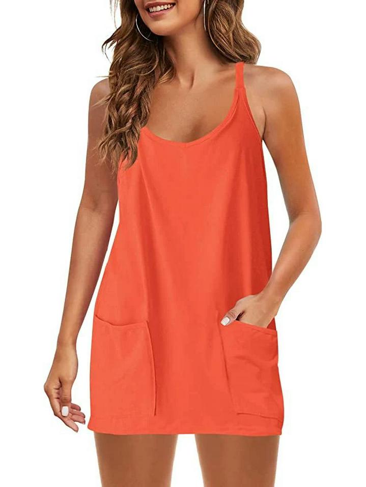 2025 Summer Sleeveless Solid Color Dress with Thin Straps & Pocket