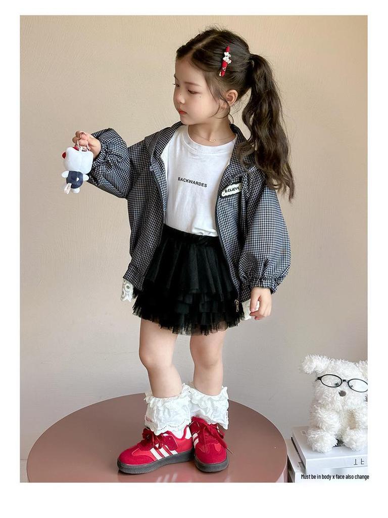Girls' Plaid Lace Trim Hooded Jacket - Fall 2025 Korean Style