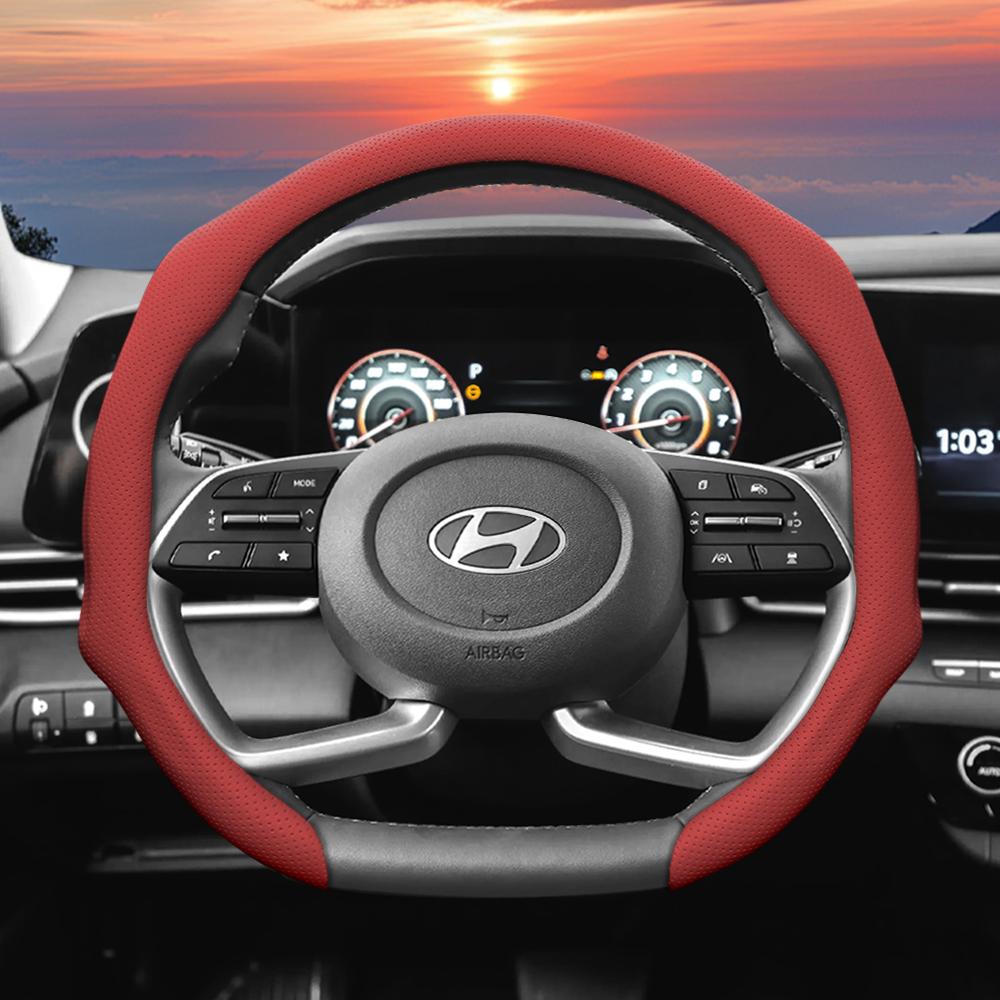 Suitable for Hyundai Perforated Leather Steering Wheel Cover, Non-Slip, Sweat-Absorbent, Breathable, Integrated Protective Case Elantra N Sonata Ioniq