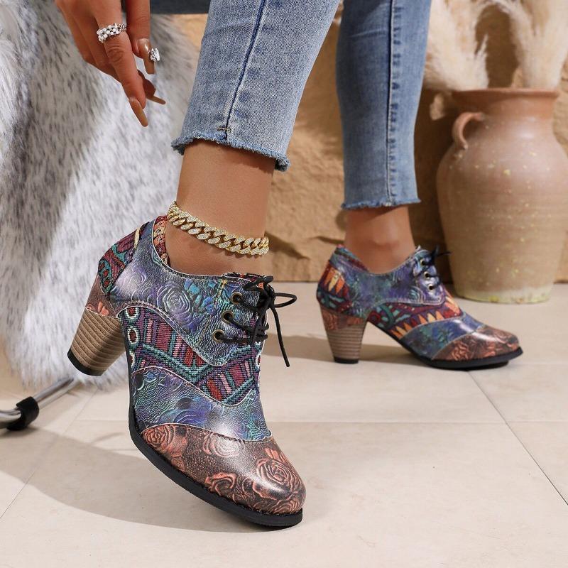 Autumn and Winter New Thick Heel High Heel Splicing Colored Jacquard Buckle Women's Boots Martin Boots