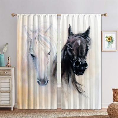 Zatemňovací závěsy Double Horse s černobílým 3D digitálním potiskem do ložnice a obývacího pokoje, 2 panely