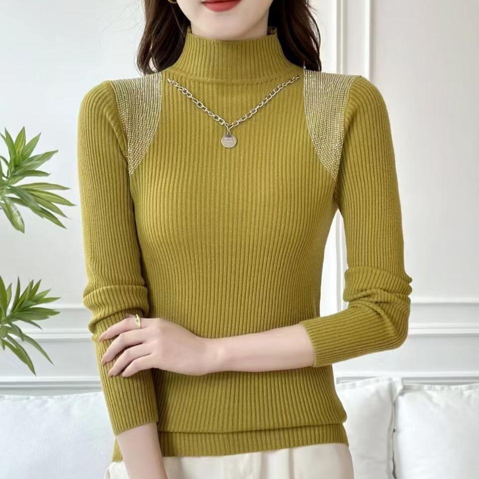 Women's Half Turtleneck Sweater Rhinestone Hollow Knit Pullover Sweater Autumn and Winter Solid Color Slim Fit Sweater Top