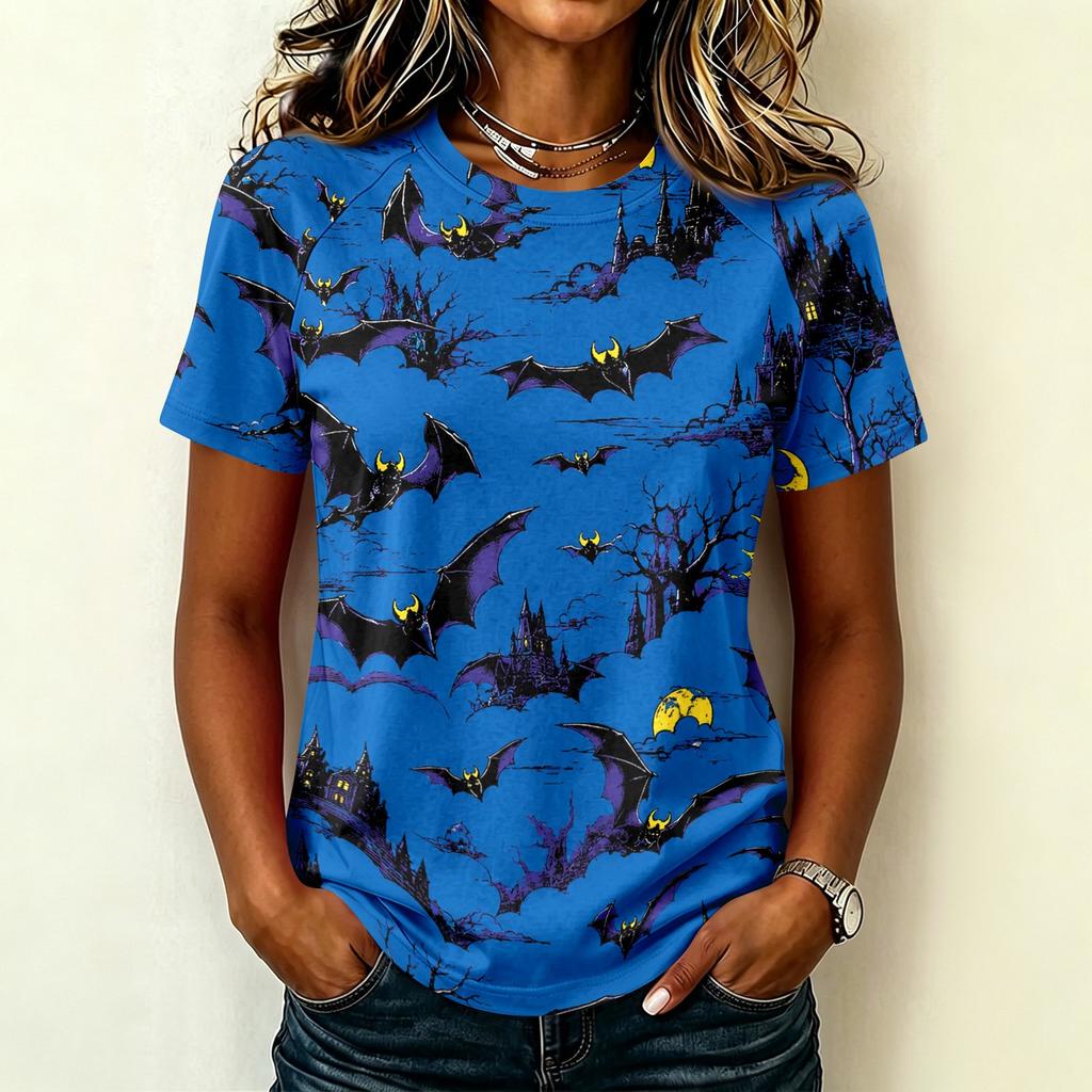Women Raglan Sleeve Casual Short Sleeve Top Halloween Print Round Neck T Shirt Lightweight Comfortable Fit