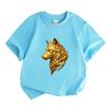 Kids Boys Girls Crew Neck Short Sleeve 100% Cotton T-Shirt, Stylish 3D Golden Wolf Head Print Casual Comfortable Tees, Soft Breathable Tops for Daily