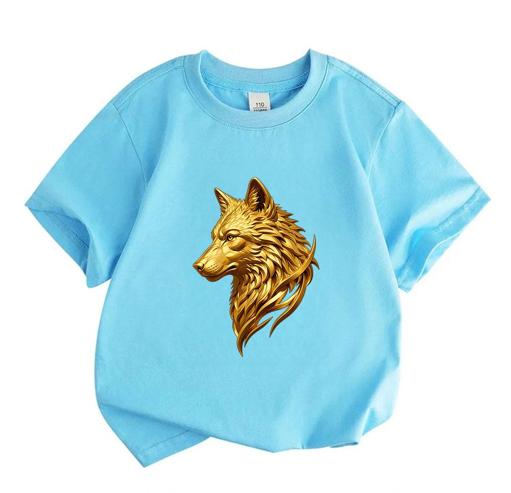 Kids Boys Girls Crew Neck Short Sleeve 100% Cotton T-Shirt, Stylish 3D Golden Wolf Head Print Casual Comfortable Tees, Soft Breathable Tops for Daily