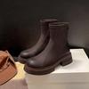 New Thick-soled Elastic Thin Boots Single Boots Women's Martin Boots Leather British Style Retro Round Head Brown Velvet Short Boots