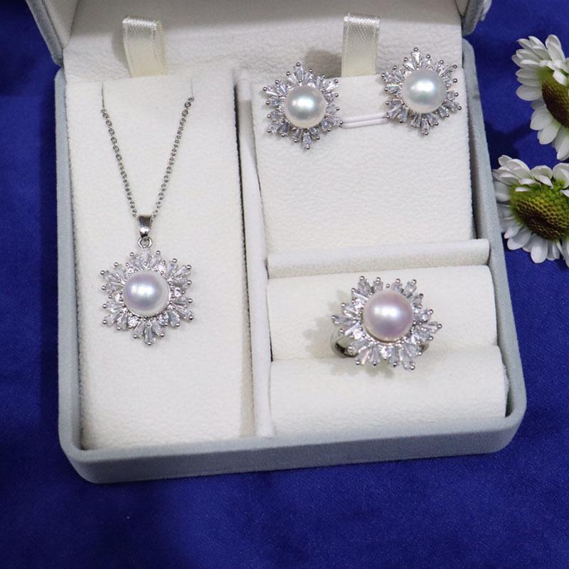 18K Gold-Plated Freshwater Pearl Jewelry Set: Necklace, Earrings & Ring with Micro-Pave Diamonds (9-10mm Pearls).