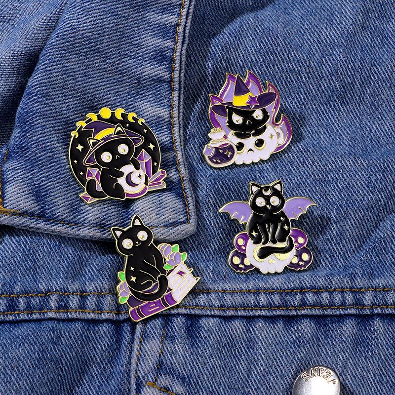 Original Enamel Alloy Brooch Cartoon Black Cat Magician Animal Lapel Pin for Backpack Clothes Decoration Cute Badge Accessory