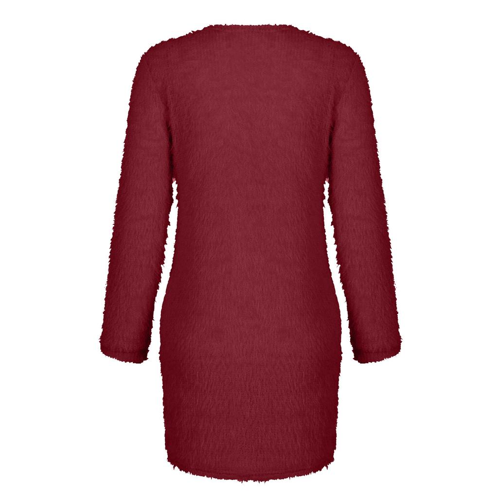 Fashion Women's Color Round Neck Long Sleeve Loose Plush Dress Sweater Dress