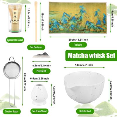 Ensemble bol à matcha japonais en céramique avec fouet pour la maison et le voyage Facile à nettoyer Résistant à la rouille Kit cuillère à matcha support pour fouet pour les amateurs de thé