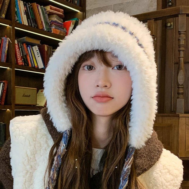 Winter warm ear protection color rope plush hat women's versatile windproof knitted wool hat plush thickened cycling pullover hat