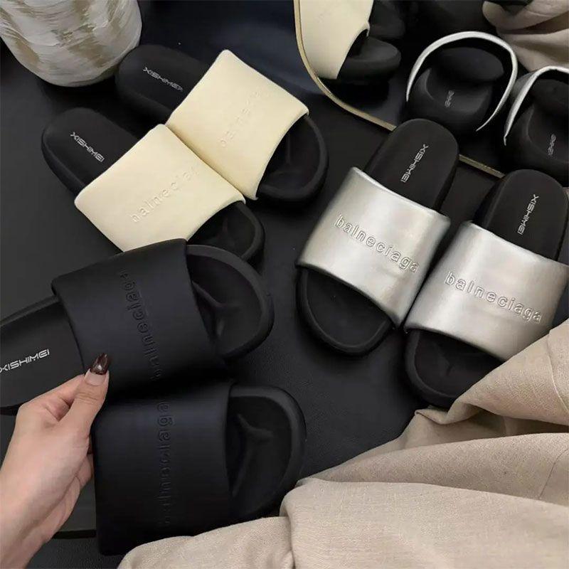 Summer Internet Celebrity Outer Wear One-word Thick-soled Slippers Women's Non-slip Muffin Shoes Letter Casual Round Head Flat Bottom Cool Slippers T