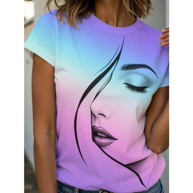 Summer Round Neck 3D Facial Depiction Pattern Print Top Fashionable Casual Short Sleeved Women's T-shirts