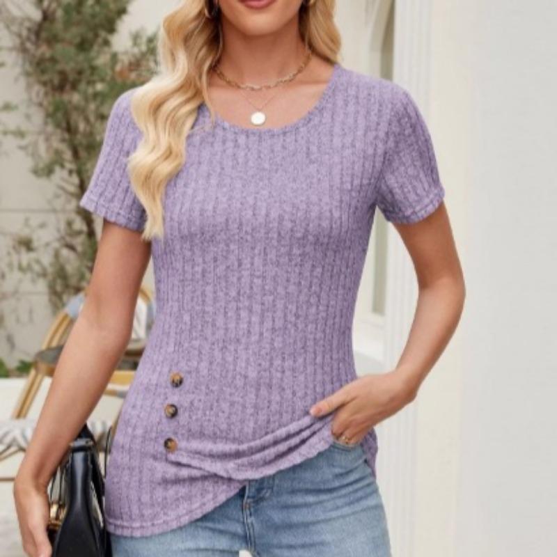 Solid Color Round Neck Fashionable Button Pleated Leisure Short Sleeved Top Shirt