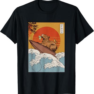 Japanese Vintage Great Wave Kanagawa Art Surfing Capybara T-Shirt