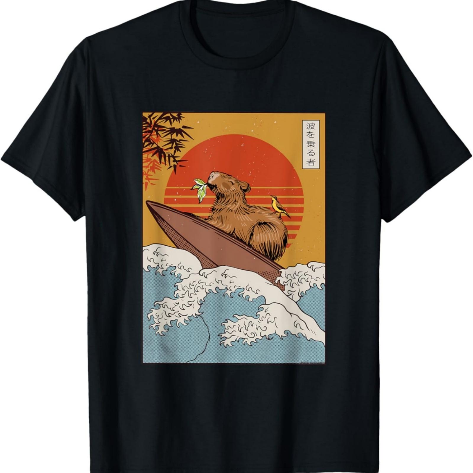 Japanese Vintage Great Wave Kanagawa Art Surfing Capybara T-Shirt XXXXXL разноцветный