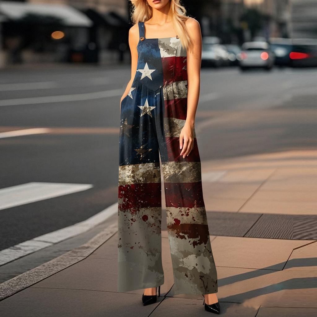 Damenmode Strampler Print Lässig Lose Vintage Overalls Mit Taschen