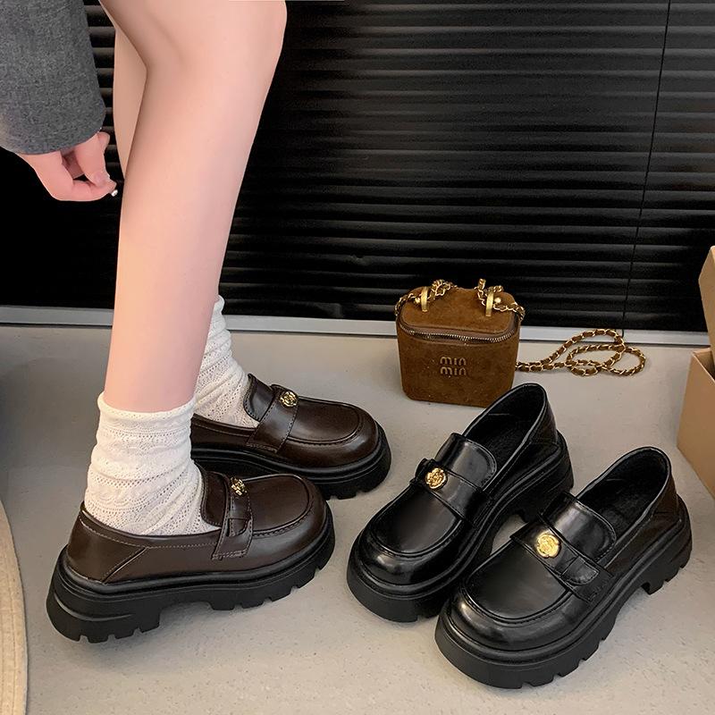 Camellia brown loafer small leather shoes 22 new spring and autumn thick-soled beautiful British style Mary
