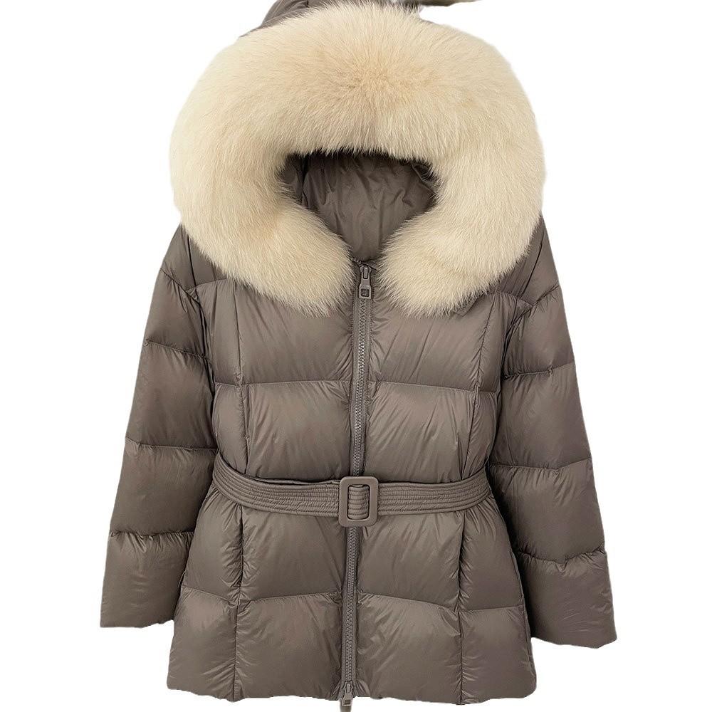 New women's winter real fox fur collar short hooded white duck down jacket women close waist and look thin