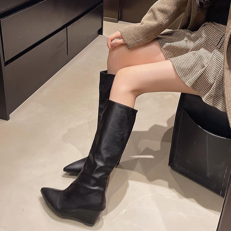 European and American pointed toe boots women's new 2025 spring/summer 2025 large circumference slimming straight leg boots wedge knight boots