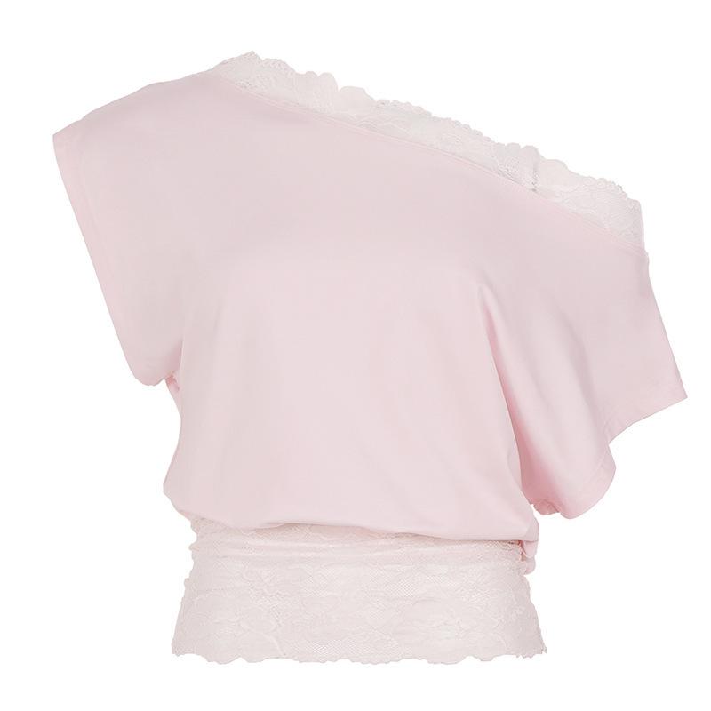 European and American temperament elegant lace splicing off-shoulder sexy solid color waist thin top loose lazy short-sleeved T-shirt