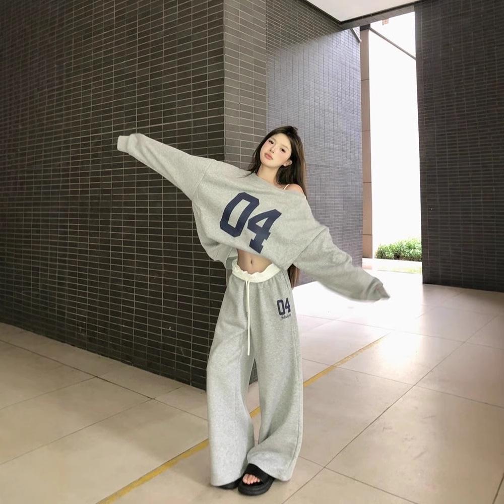 Spring and Autumn Women's Casual 2 Piece Sets Outfit Pant Sets Oversized Jersey Set Vintage Letter Print Off Shoulder Tracksuit