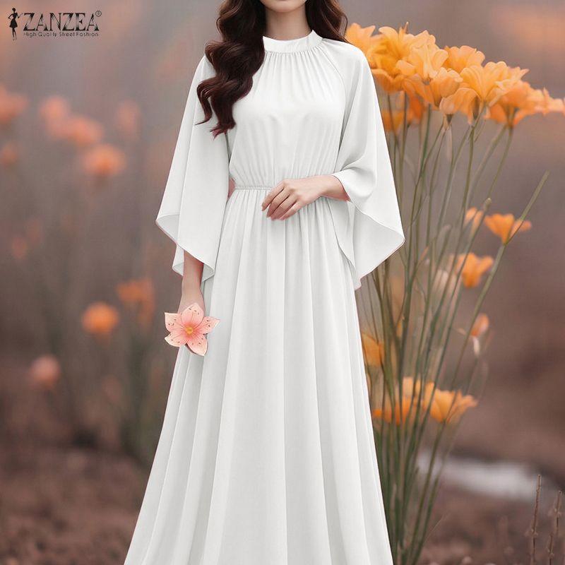 ZANZEA Women Elegant Casual Round Neck 3/4 Sleeve Loose Long Dress