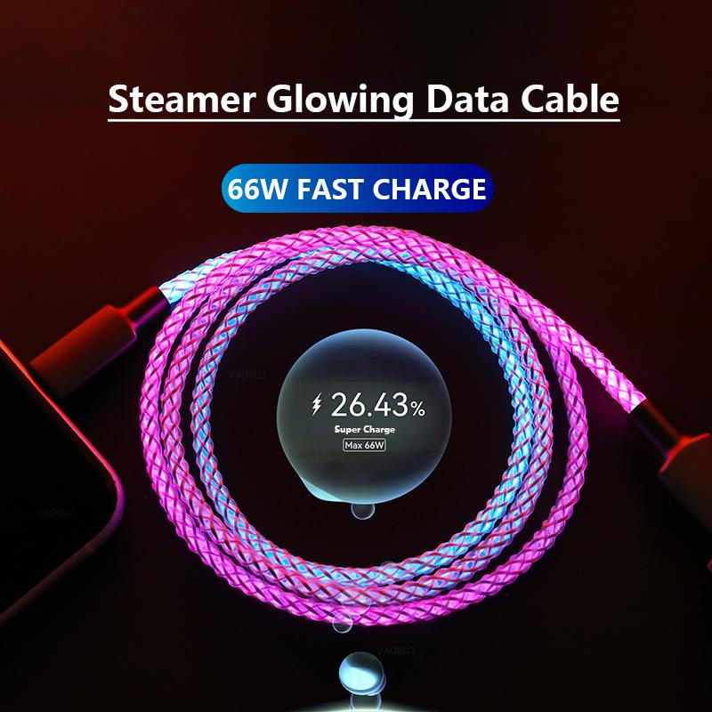 VAORLO 66W 6A datový kabel RGB žhavící nabíjení Rychlé rychlé nabíjení Pro iPhone Type-C USB nabíječka Vysoce kvalitní datový kabel