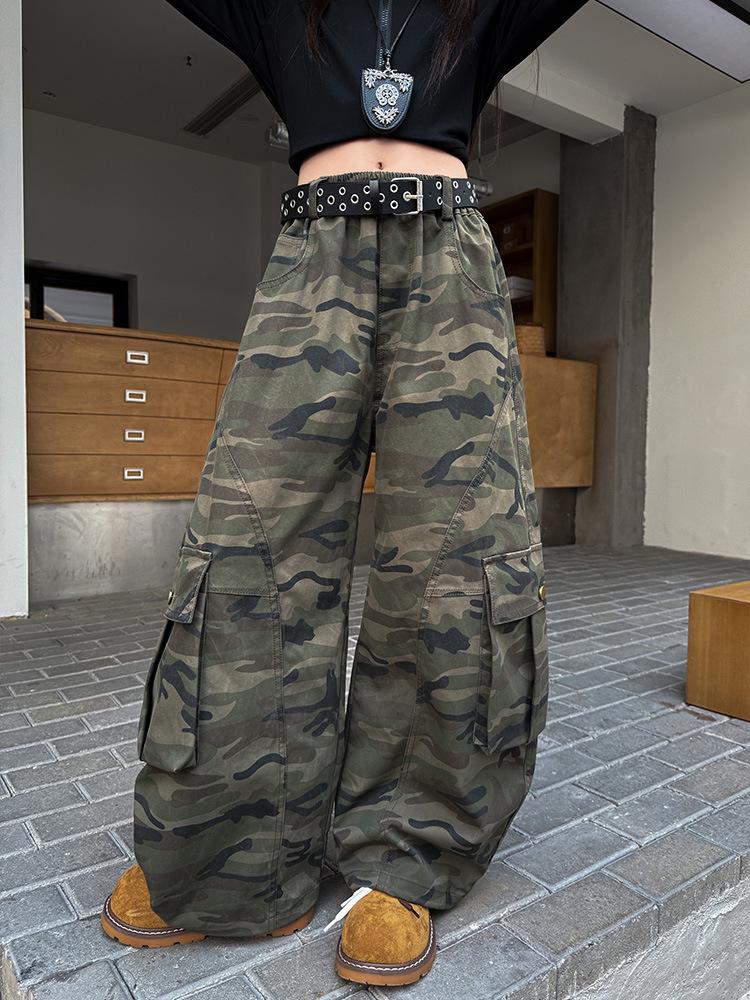 Autumn 2026 Girls' Camouflage Wide-Leg Overalls with Large Pockets