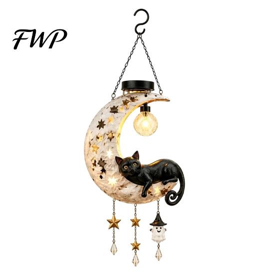 Crescent Moon Owl Solar Lanterns Owl/Cat Hanging Light, Outdoor Garden Wind Chime with LED Powered Lawn Decoration Lamps Waterproof Resin Decorative
