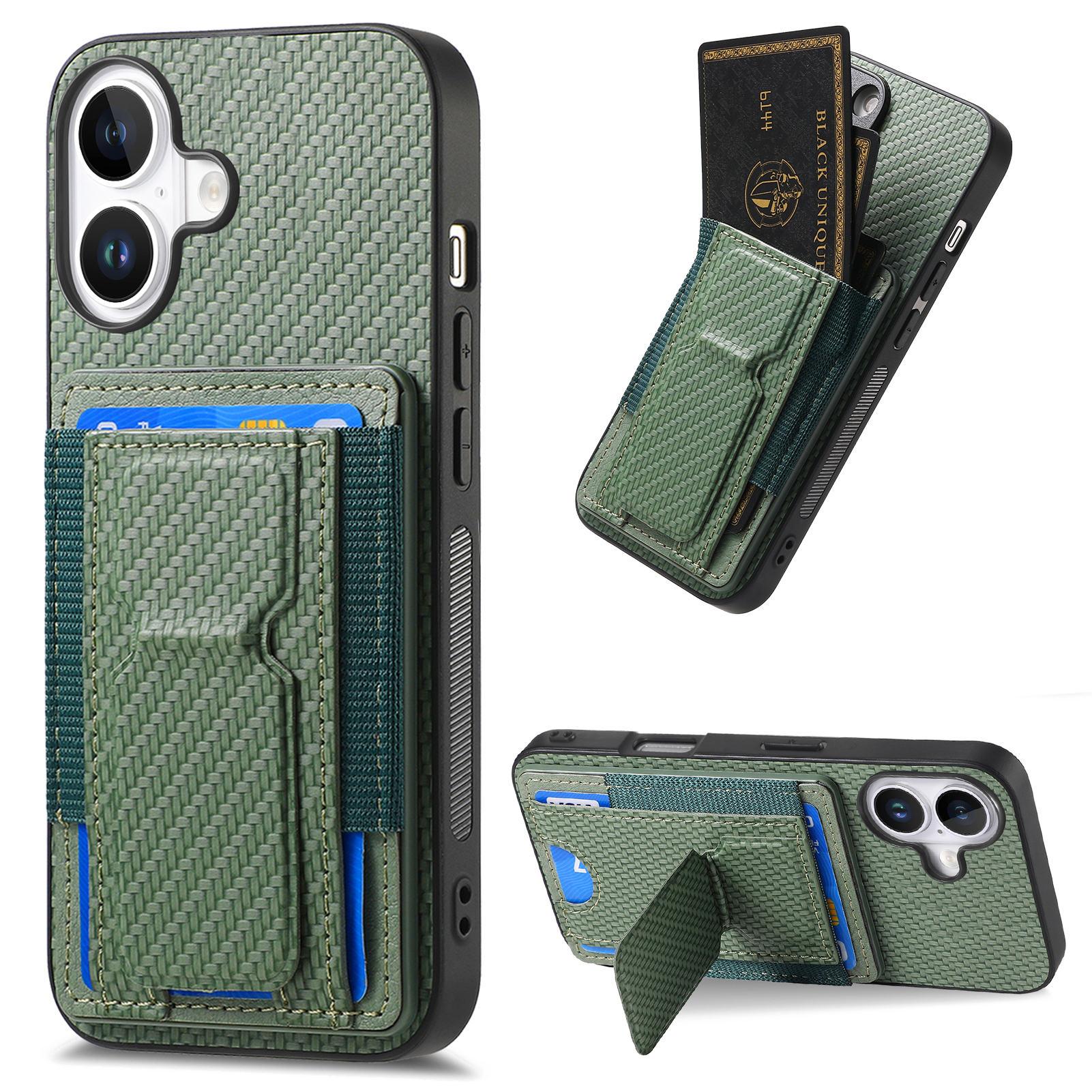 

For iPhone 16 Case with Card Holder Kickstand Fiber Pattern Leather Back Cover Green