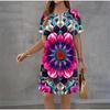 Fashion Women's Crew Neck Dress 3D Casual Color Printing Casual Short Sleeve Crew Neck Dress