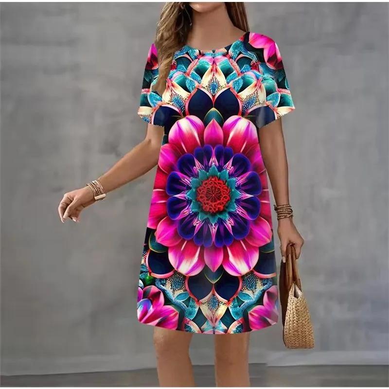 Fashion Women's Crew Neck Dress 3D Casual Color Printing Casual Short Sleeve Crew Neck Dress