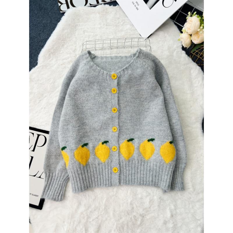 Women S Casual Long Sleeve Round Neck Lemon Jacquard Button Knit Cardigan Sweater